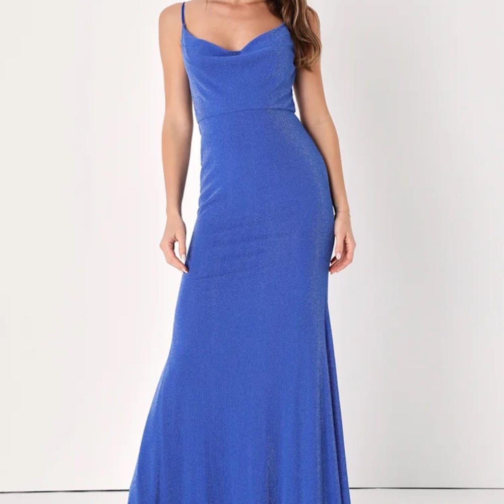 Enchanting Nights Shiny Blue Lurex Cowl Neck Mermaid Maxi Dress